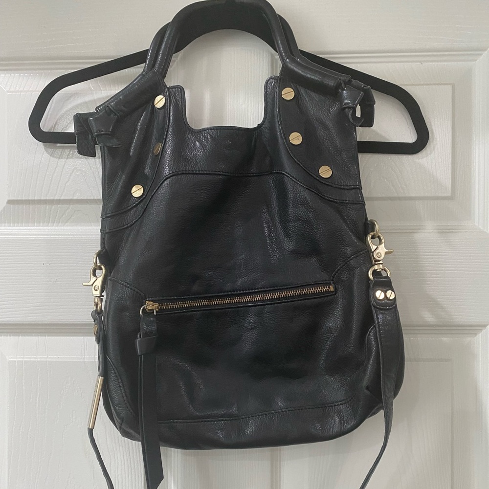 Foley + Corinna Black (& gold) Leather shoulder strap tote bag purse